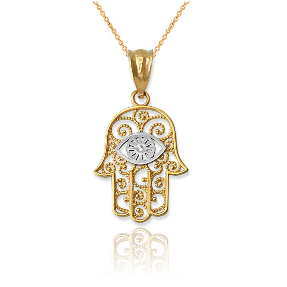 Gold Hamsa Evil Eye Filigree Charm Necklace (yellow, white, rose gold, 10K, 14K) Karma Blingz