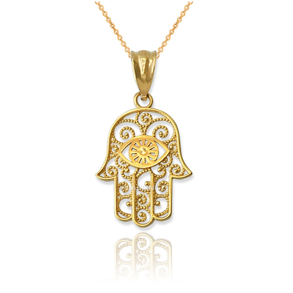 Gold Hamsa Evil Eye Filigree Charm Necklace (yellow, white, rose gold, 10K, 14K) Karma Blingz