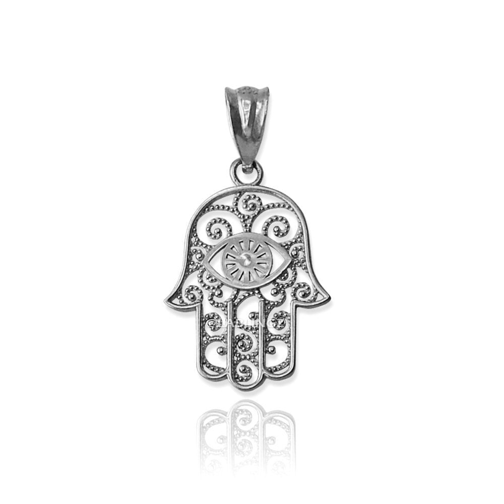 Sterling Silver Hamsa Evil Eye Filigree Charm Necklace Karma Blingz