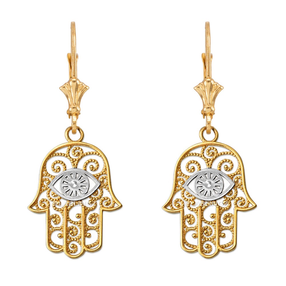 Gold Hamsa Evil Eye Filigree Earrings (yellow, white, rose gold) Karma Blingz