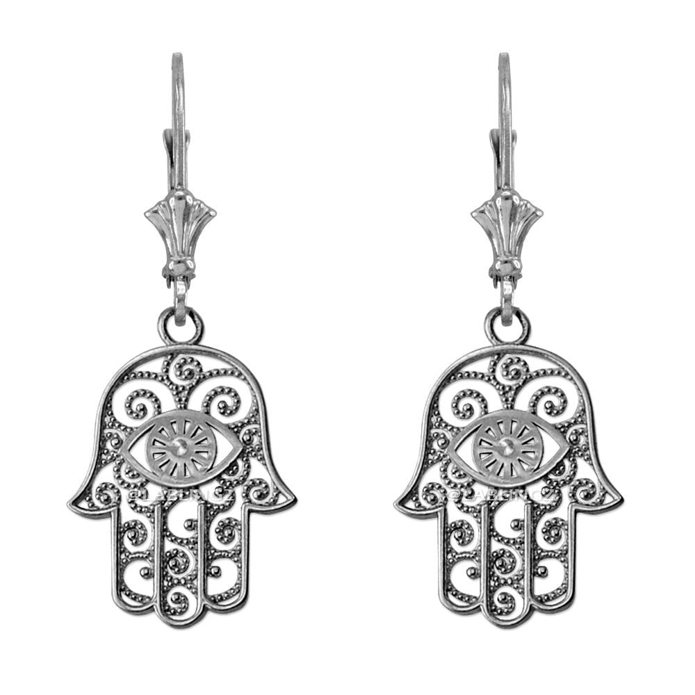 Gold Hamsa Evil Eye Filigree Earrings (yellow, white, rose gold) Karma Blingz