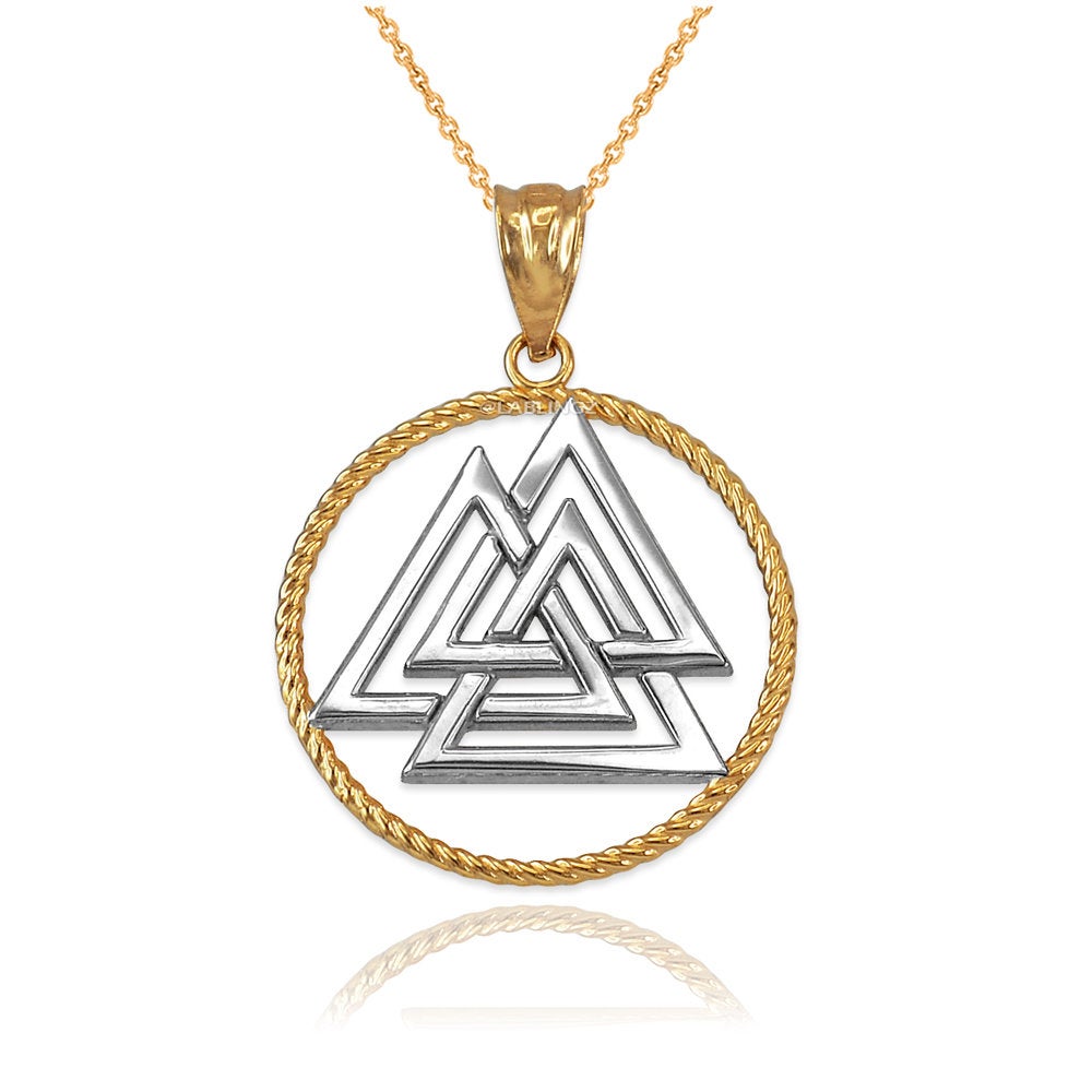 Gold Viking Valknut Pendant Necklace (yellow, white, rose, 2-tone gold, 10K, 14K) Karma Blingz