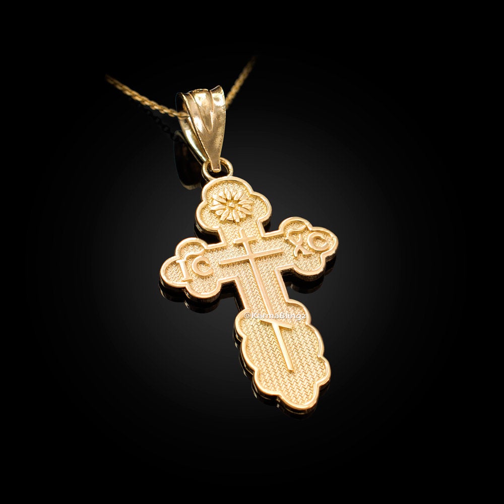 Gold Eastern Orthodox St. Olga Cross Pendant Necklace (yellow, white, rose, 2-tone gold, 10K, 14K) Karma Blingz