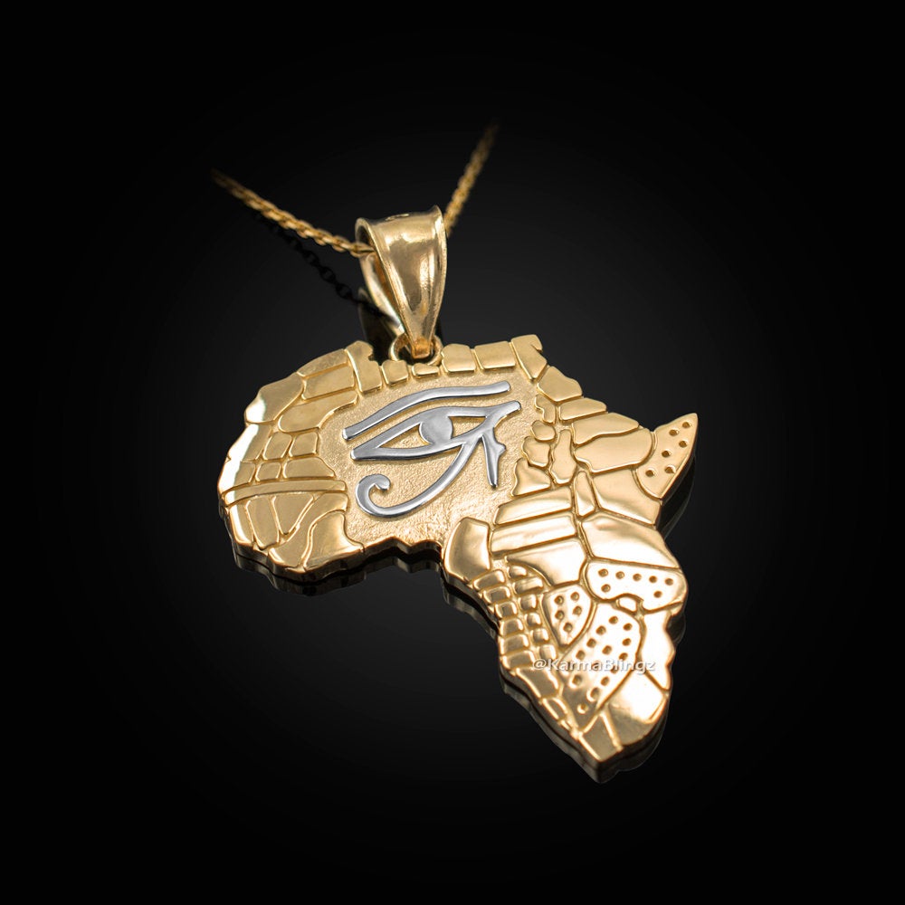 Gold Eye of Horus Africa Map Pendant Necklace (yellow, white, rose, 2-tone gold, 10K, 14K) Karma Blingz