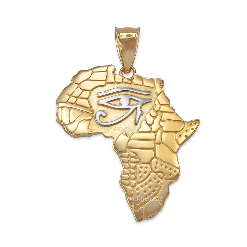 Gold Eye of Horus Africa Map Pendant Necklace (yellow, white, rose, 2-tone gold, 10K, 14K) Karma Blingz