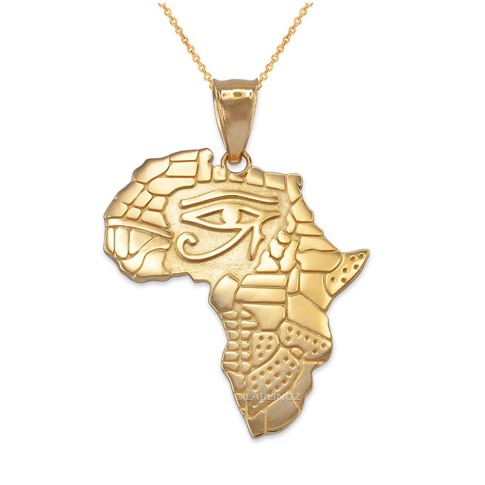 Gold Eye of Horus Africa Map Pendant Necklace (yellow, white, rose, 2-tone gold, 10K, 14K) Karma Blingz