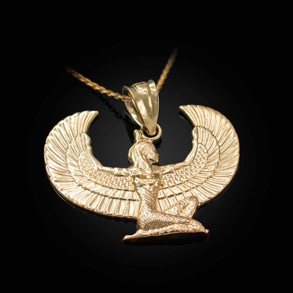 Gold Egyptian Isis Winged Goddess Pendant Necklace (yellow, white, rose gold, 10k, 14k) Karma Blingz
