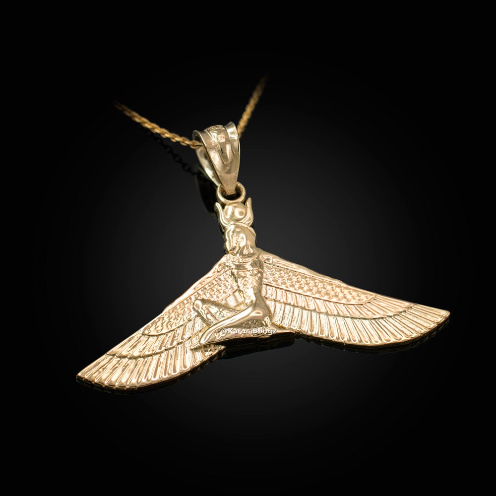 Gold Isis Egyptian Winged Goddess Pendant Necklace (yellow, white, rose gold, 10k, 14k) Karma Blingz