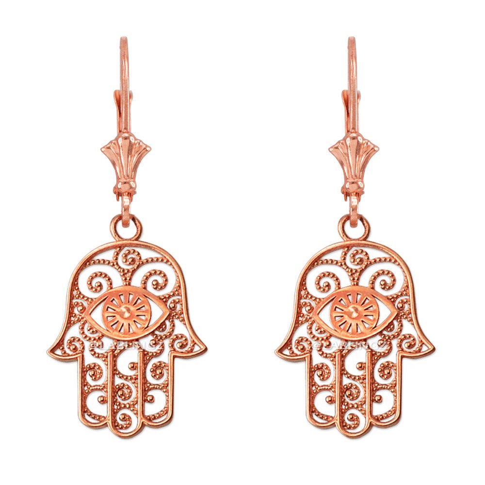 Gold Hamsa Evil Eye Filigree Earrings (yellow, white, rose gold) Karma Blingz