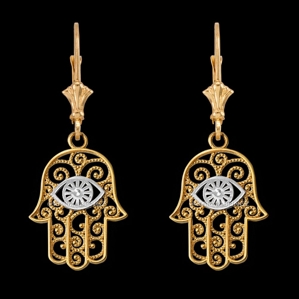 Gold Hamsa Evil Eye Filigree Earrings (yellow, white, rose gold) Karma Blingz