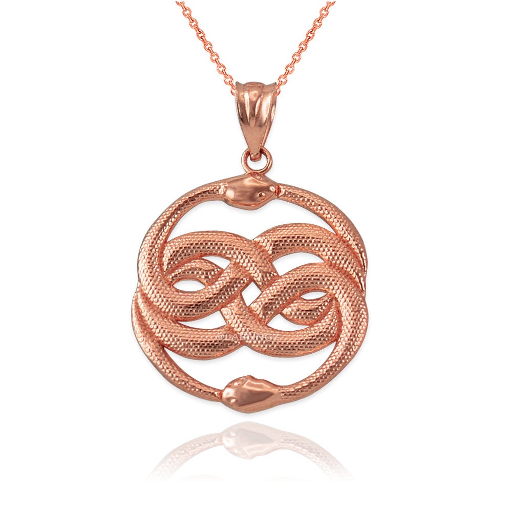 Gold Double Infinity Ouroboros Snakes Pendant Necklace (yellow, white, rose gold, 10k, 14k) Karma Blingz