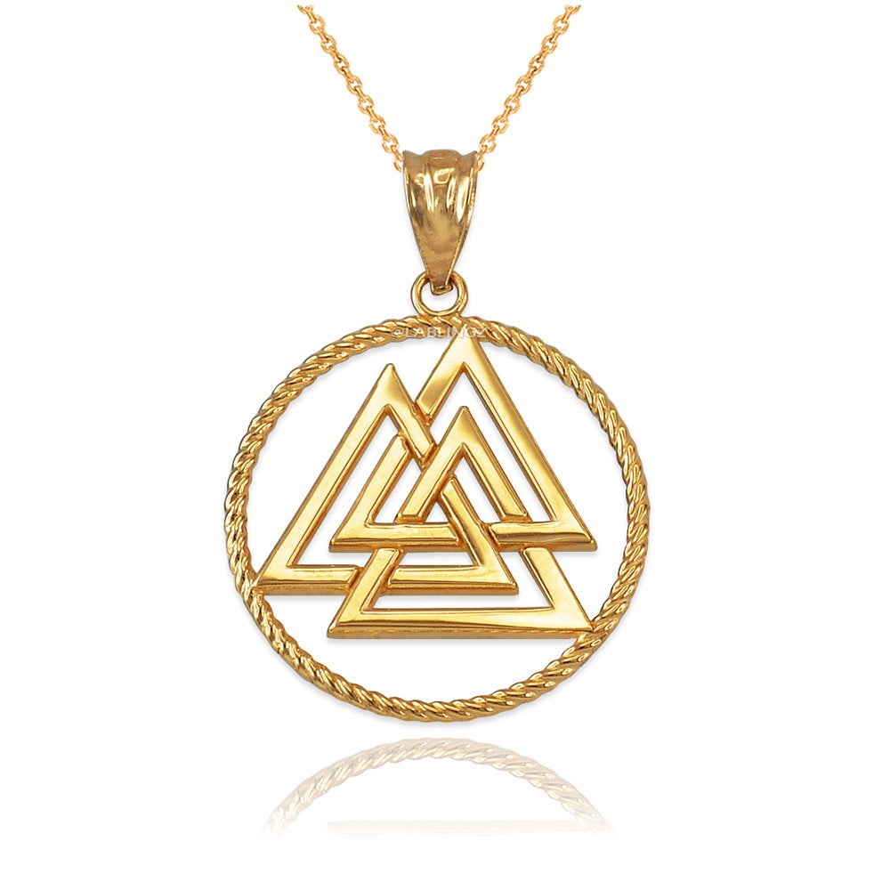 Gold Viking Valknut Pendant Necklace (yellow, white, rose, 2-tone gold, 10K, 14K) Karma Blingz
