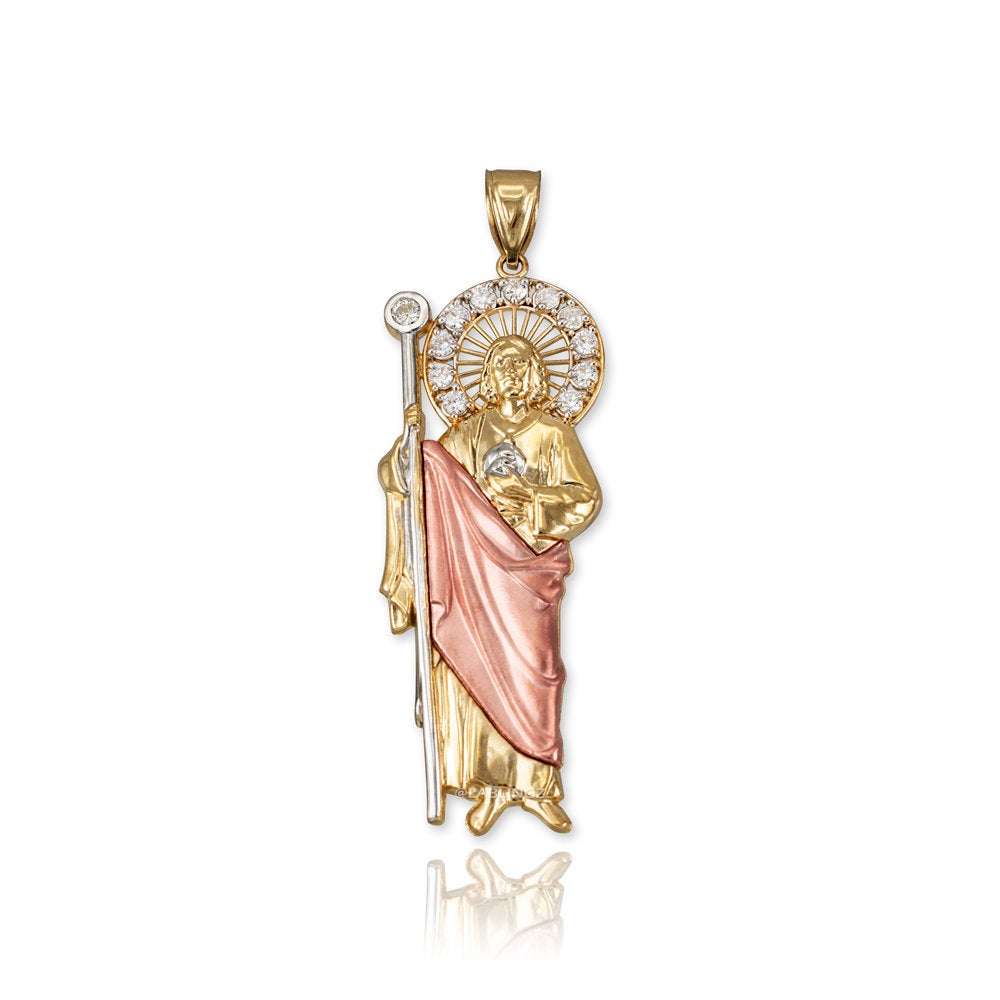 Tri-Color Gold Saint Jude CZ Charm Pendant (Small/Medium/Large,10K, 14K) Karma Blingz
