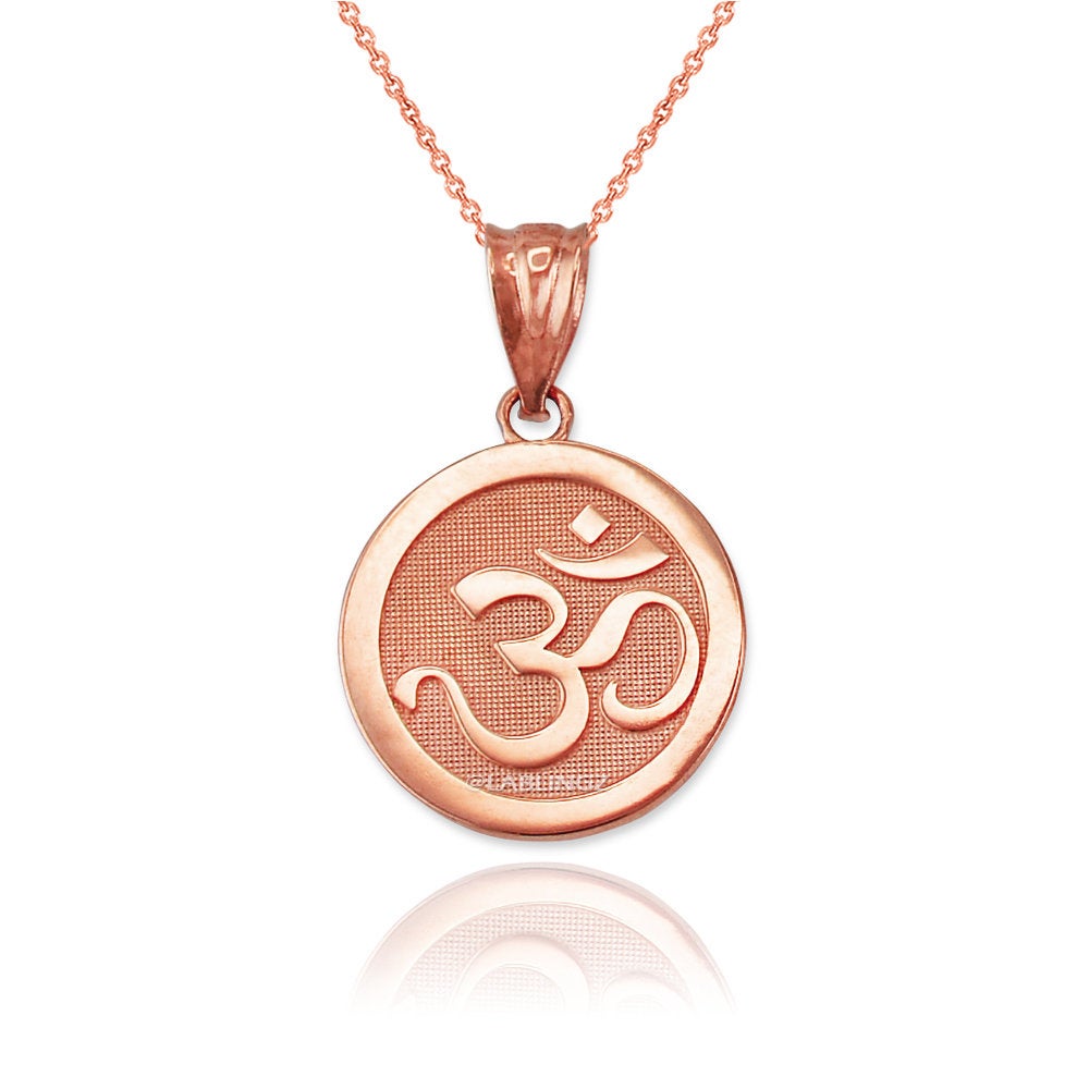 Gold Om Yoga Medallion Charm Necklace (yellow, white, rose gold, 10K, 14K) Karma Blingz