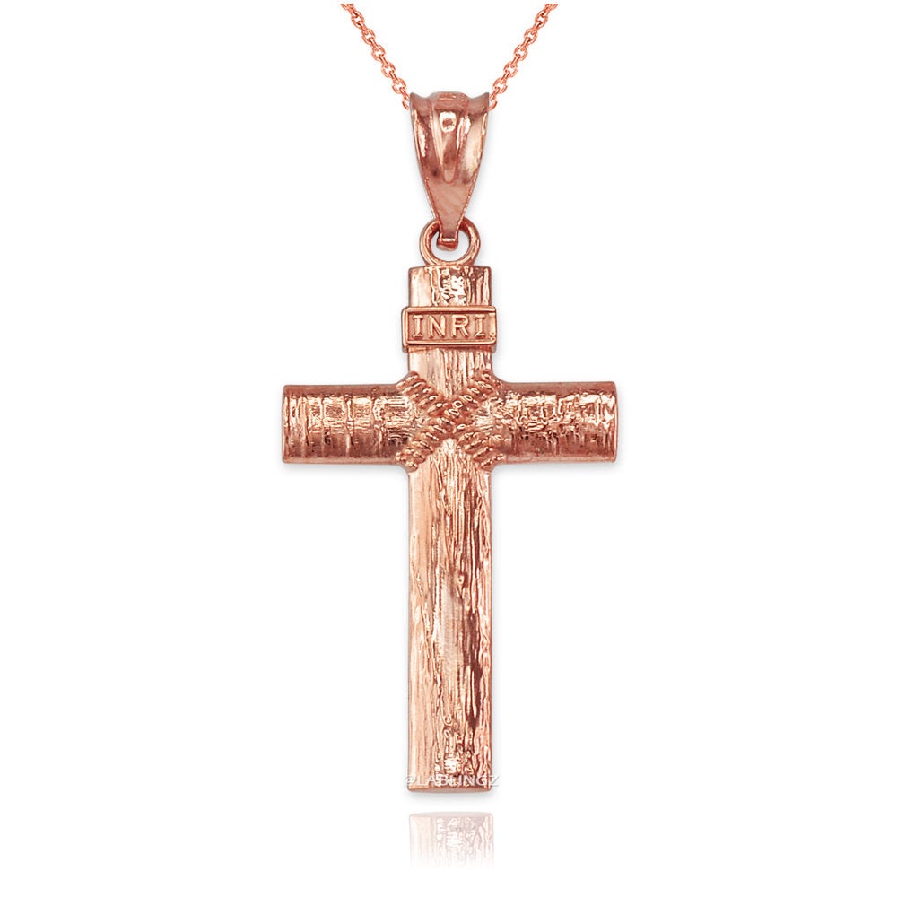 Gold Woodgrain Rope INRI Cross Pendant Necklace (10K, 14K, yellow, white, rose gold) Karma Blingz