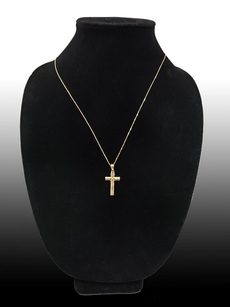 Gold Woodgrain Rope INRI Cross Pendant Necklace (10K, 14K, yellow, white, rose gold) Karma Blingz