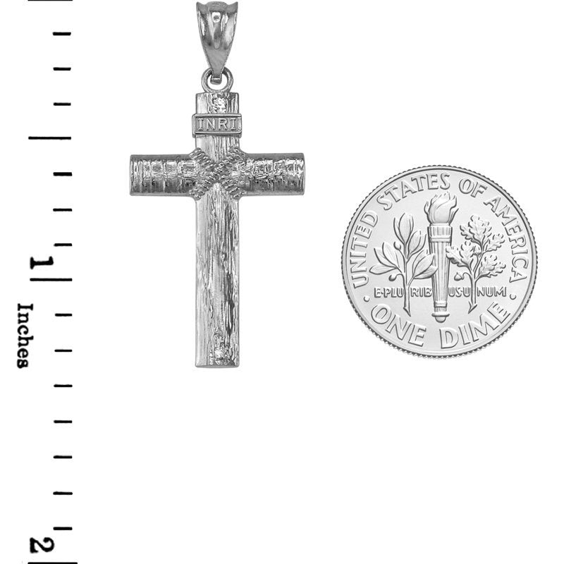 Sterling Silver Woodgrain Rope INRI Cross Pendant Necklace Karma Blingz