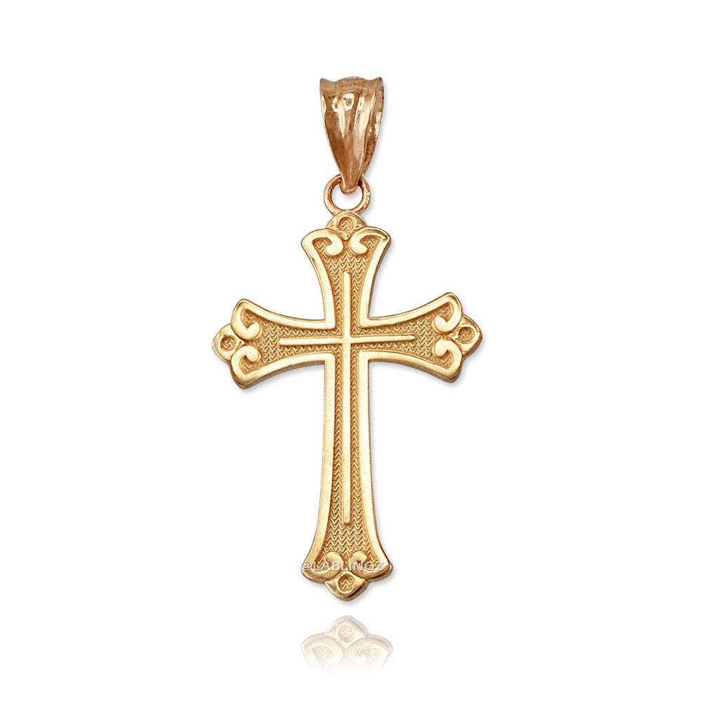 Gold Fleur de Lis Cross Pendant Necklace (10K, 14K, yellow, white, rose gold) Karma Blingz