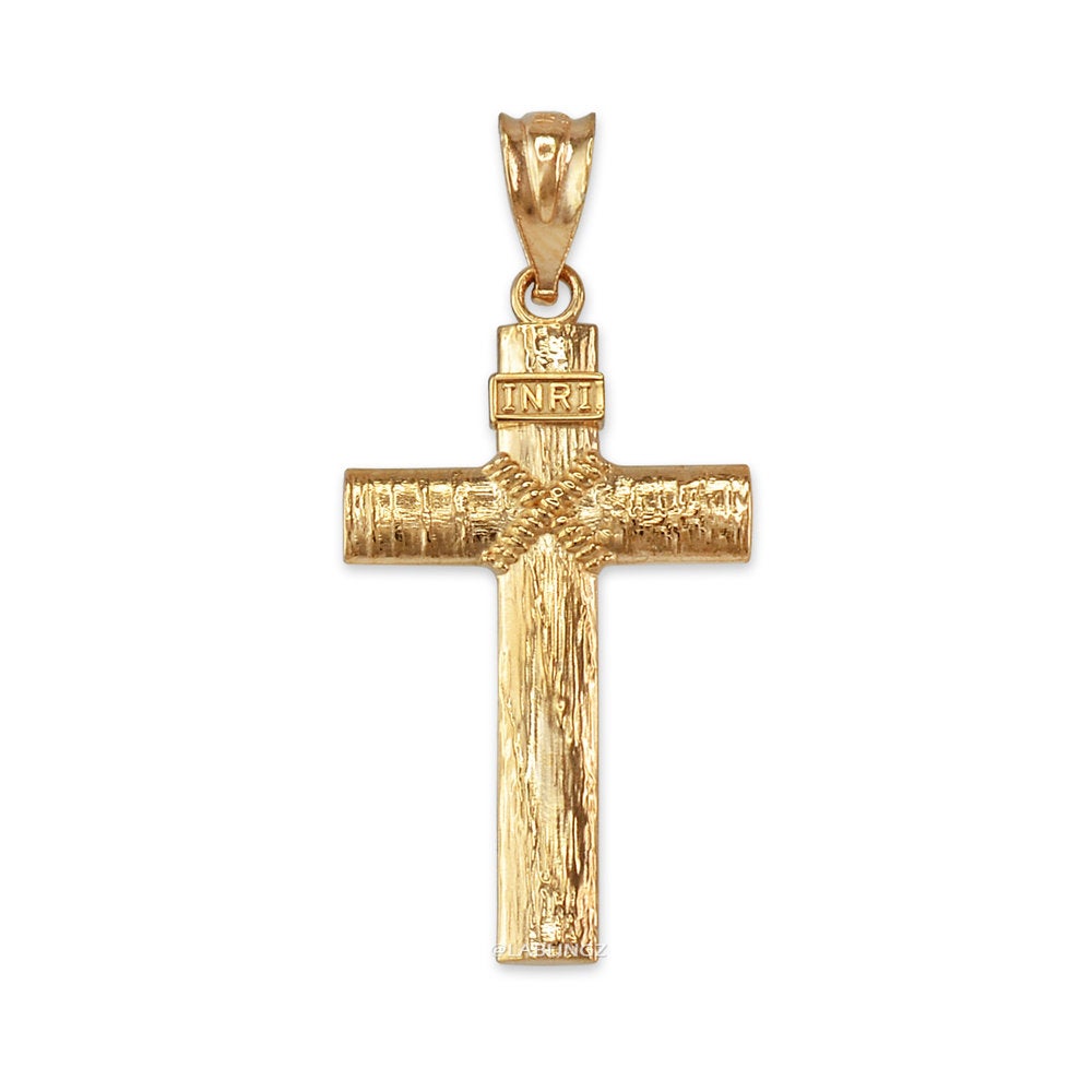 Gold Woodgrain Rope INRI Cross Pendant Necklace (10K, 14K, yellow, white, rose gold) Karma Blingz