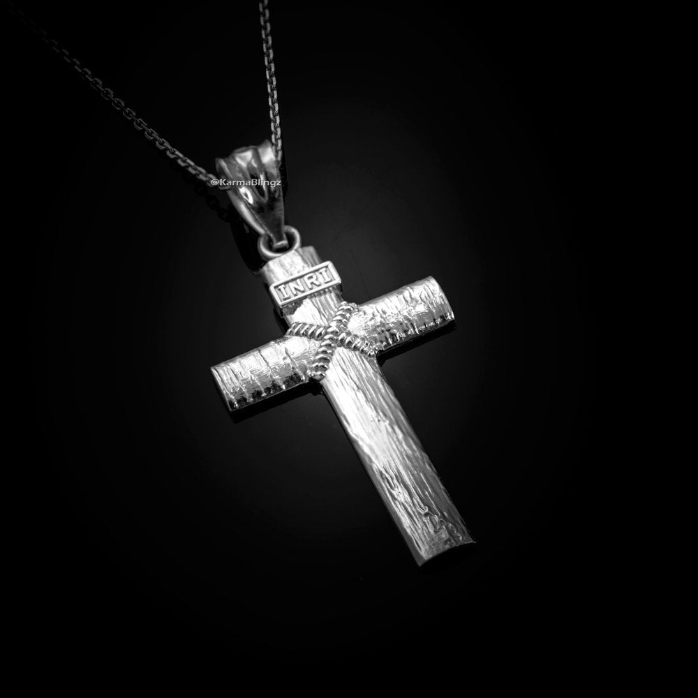 Sterling Silver Woodgrain Rope INRI Cross Pendant Necklace Karma Blingz