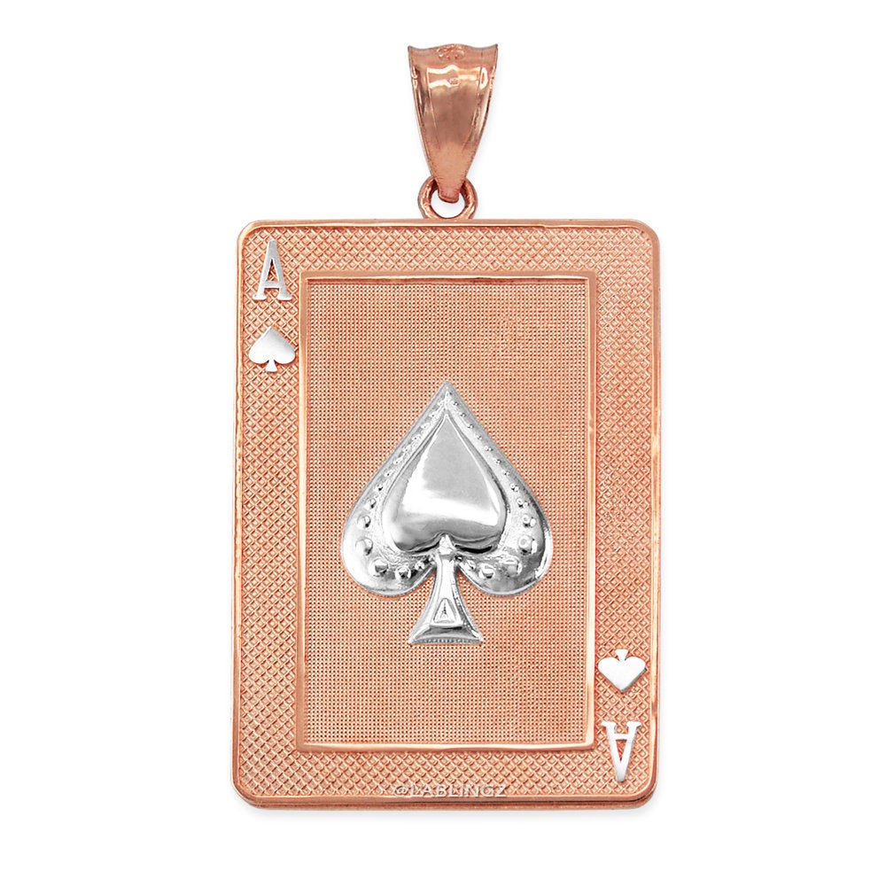 Gold Ace of Spades Poker Card Pendant (yellow, white, rose, 2-tone, 10K, 14K) Karma Blingz