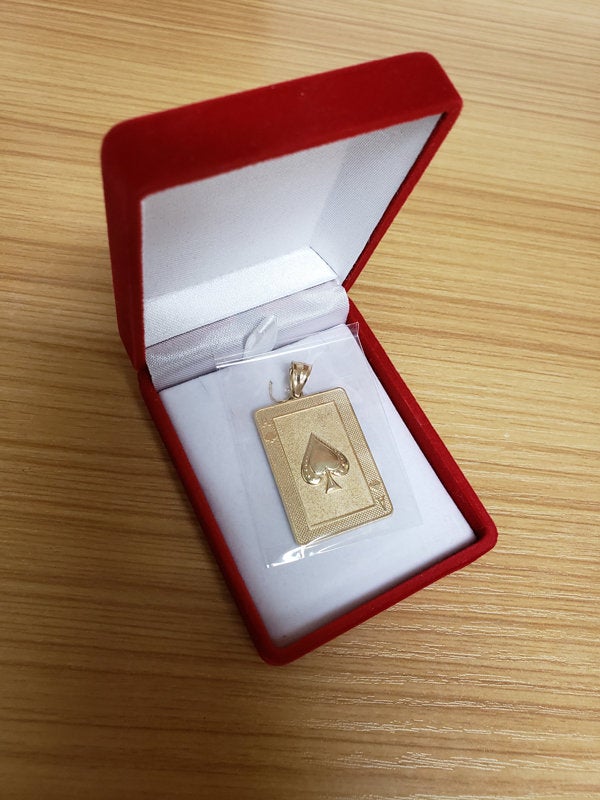 Gold Ace of Spades Poker Card Pendant (yellow, white, rose, 2-tone, 10K, 14K) Karma Blingz