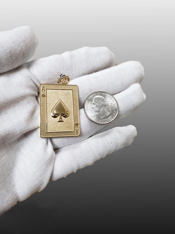 Gold Ace of Spades Poker Card Pendant (yellow, white, rose, 2-tone, 10K, 14K) Karma Blingz