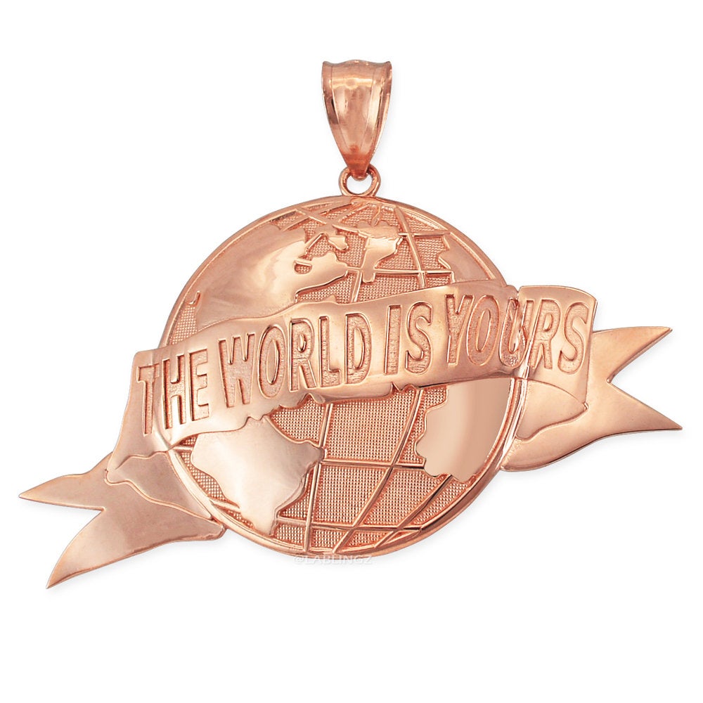 Gold 'The World Is Yours' Globe Pendant (yellow, white, rose, 10K, 14K) Karma Blingz