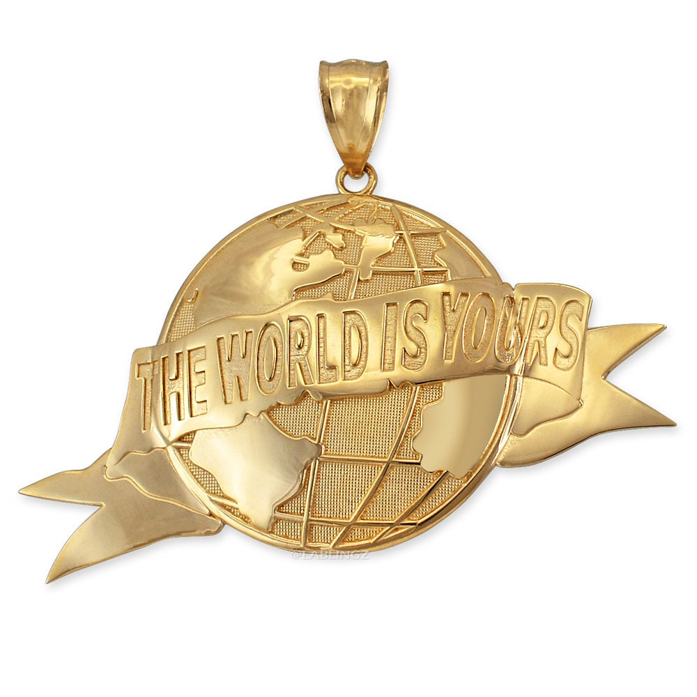 Gold 'The World Is Yours' Globe Pendant (yellow, white, rose, 10K, 14K) Karma Blingz