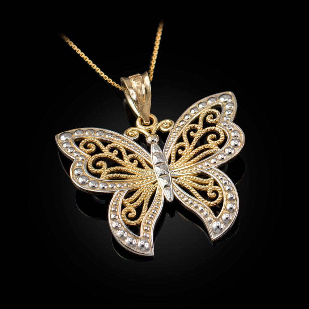 Gold Filigree Butterfly Midsize Pendant Necklace (10K, 14K, yellow, white, rose gold) Karma Blingz