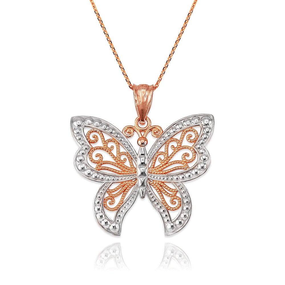 Gold Filigree Butterfly Midsize Pendant Necklace (10K, 14K, yellow, white, rose gold) Karma Blingz