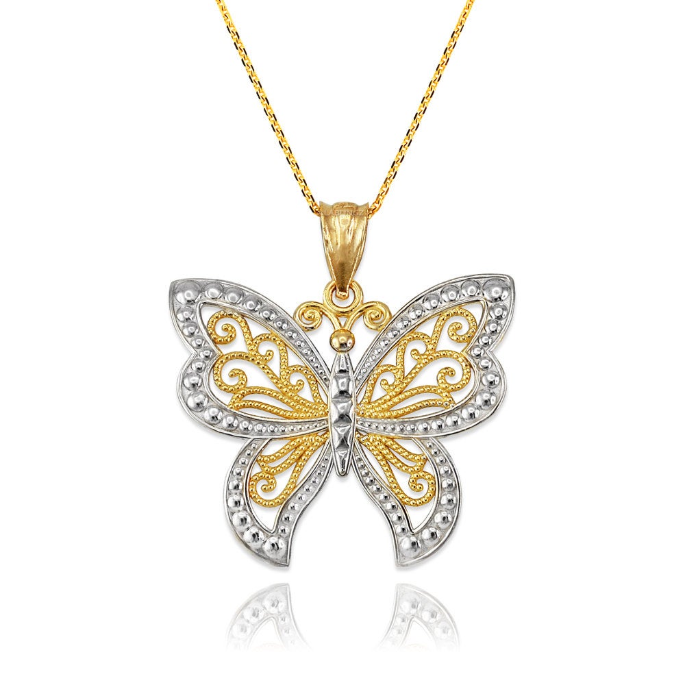 Gold Filigree Butterfly Midsize Pendant Necklace (10K, 14K, yellow, white, rose gold) Karma Blingz