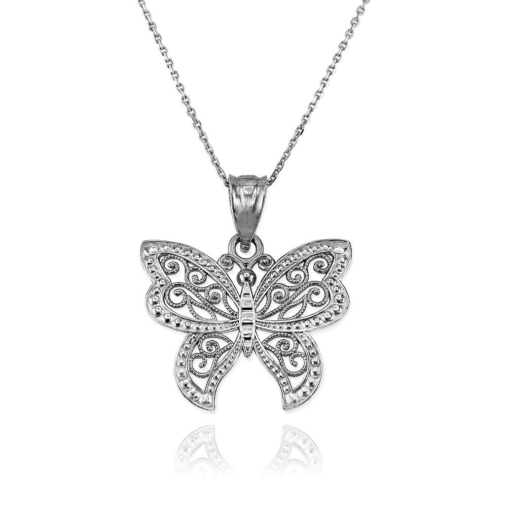 Gold Filigree Butterfly Charm Necklace (10K, 14K, yellow, white, rose gold) Karma Blingz