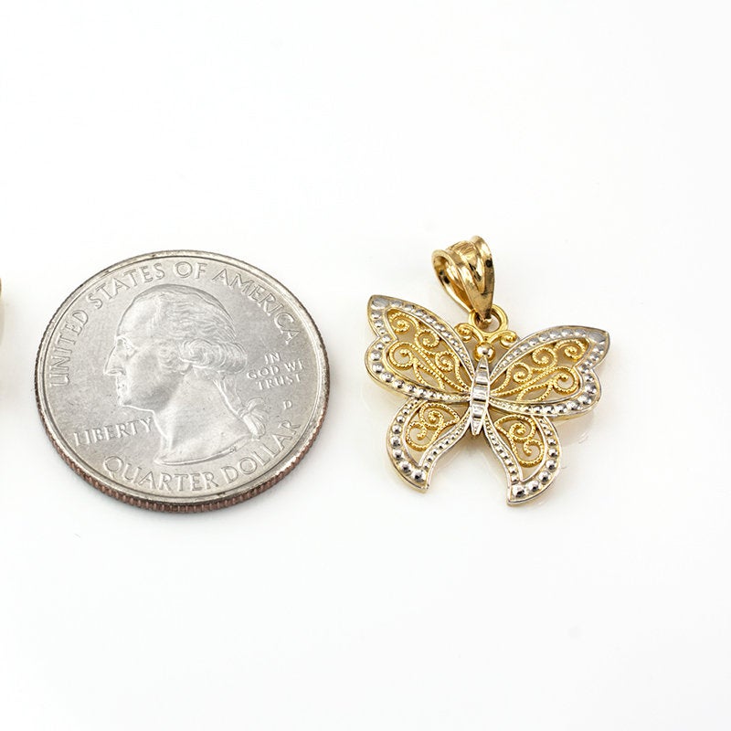 Gold Filigree Butterfly Charm Necklace (10K, 14K, yellow, white, rose gold) Karma Blingz