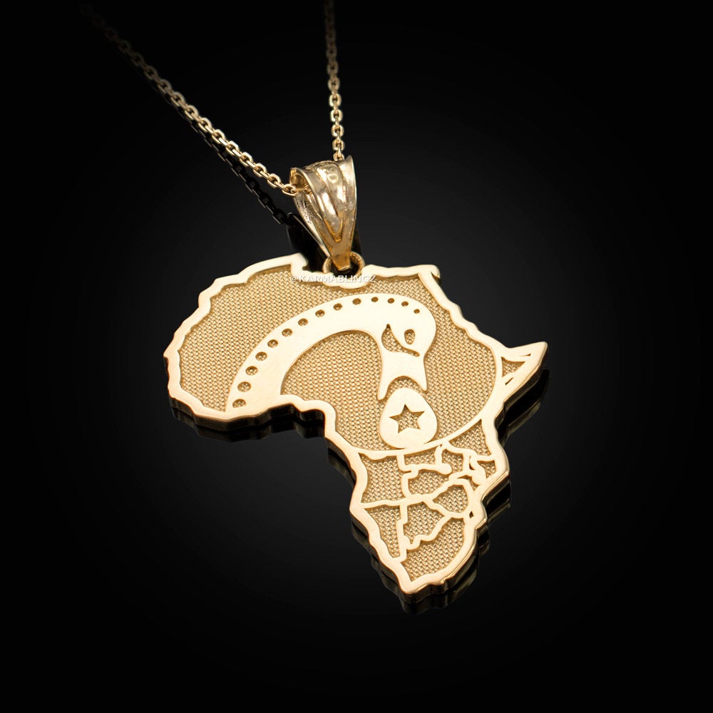 Gold Africa Map Afinkra Sankofa Pendant Necklace (10K, 14K, yellow, white, rose gold) Karma Blingz