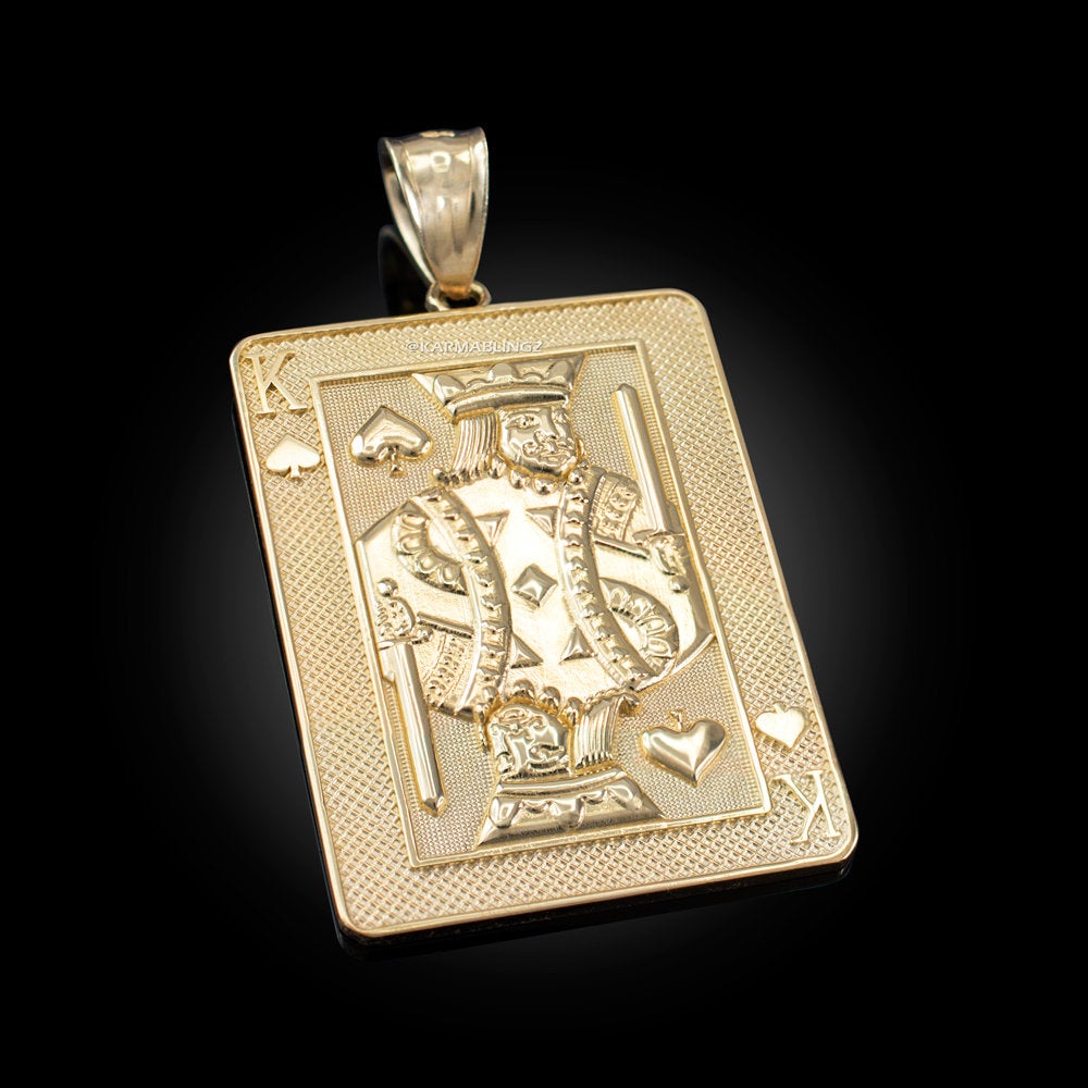 Gold King of Spades Poker Card Pendant (yellow, white, rose, 2-tone, 10K, 14K) Karma Blingz