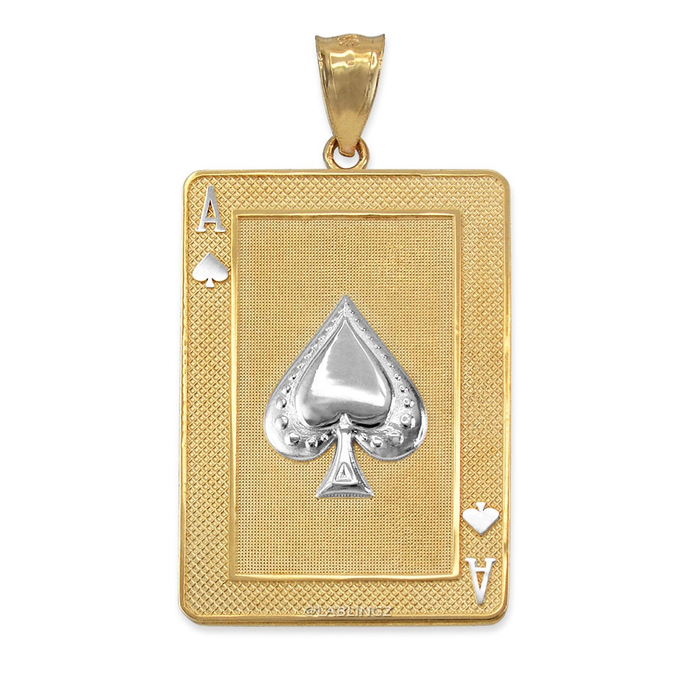 Gold Ace of Spades Poker Card Pendant (yellow, white, rose, 2-tone, 10K, 14K) Karma Blingz