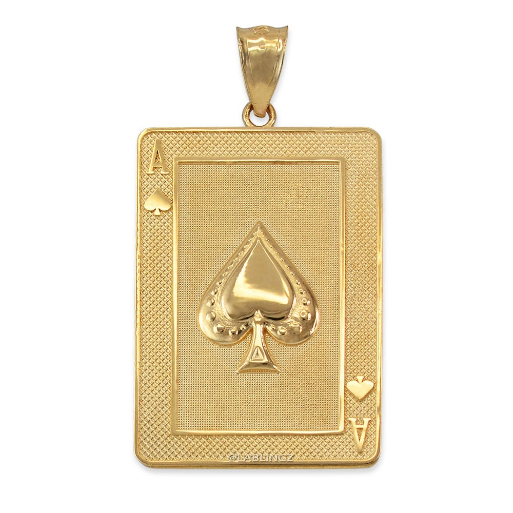 Gold Ace of Spades Poker Card Pendant (yellow, white, rose, 2-tone, 10K, 14K) Karma Blingz