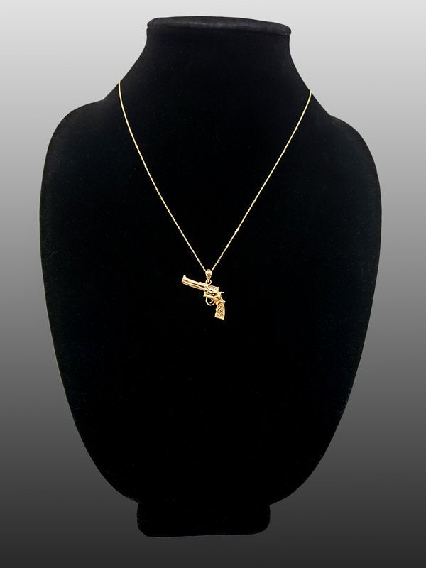 Gold Revolver Gun Pendant Necklace (10k, 14k, yellow, white, rose gold) Karma Blingz