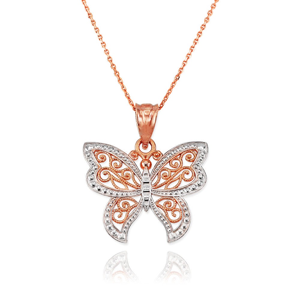 Gold Filigree Butterfly Charm Necklace (10K, 14K, yellow, white, rose gold) Karma Blingz