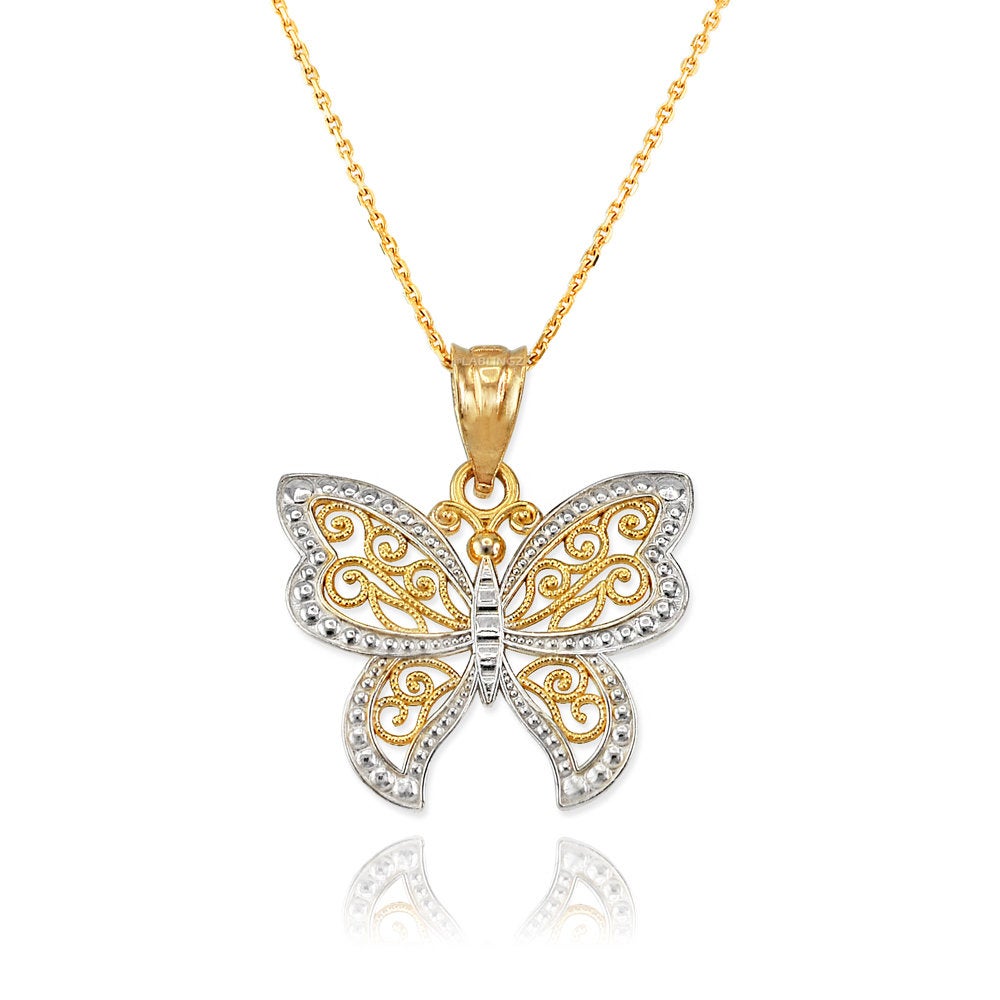 Gold Filigree Butterfly Charm Necklace (10K, 14K, yellow, white, rose gold) Karma Blingz