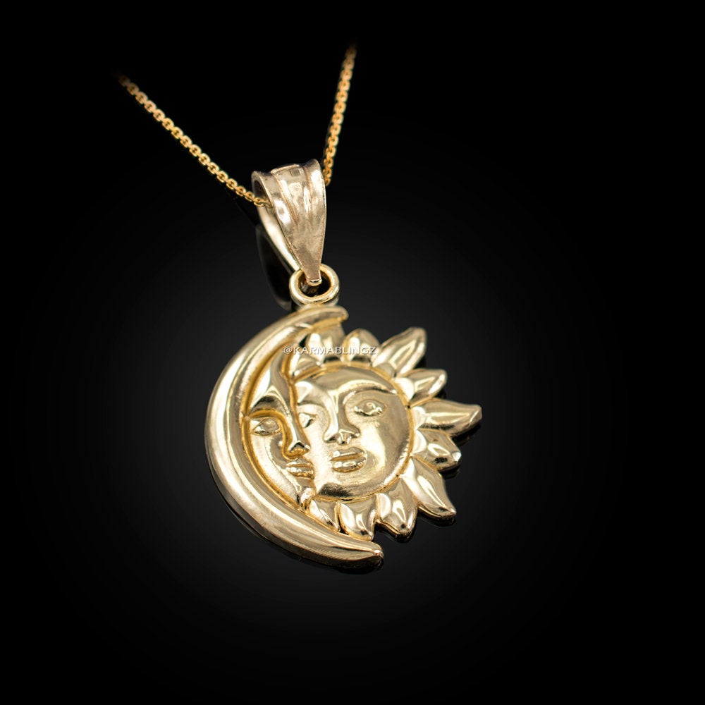 Gold Moon and Sun Face Celestial Pendant Necklace (yellow, white, rose  gold, 10k, 14k)