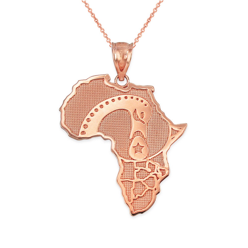 Gold Africa Map Afinkra Sankofa Pendant Necklace (10K, 14K, yellow, white, rose gold) Karma Blingz