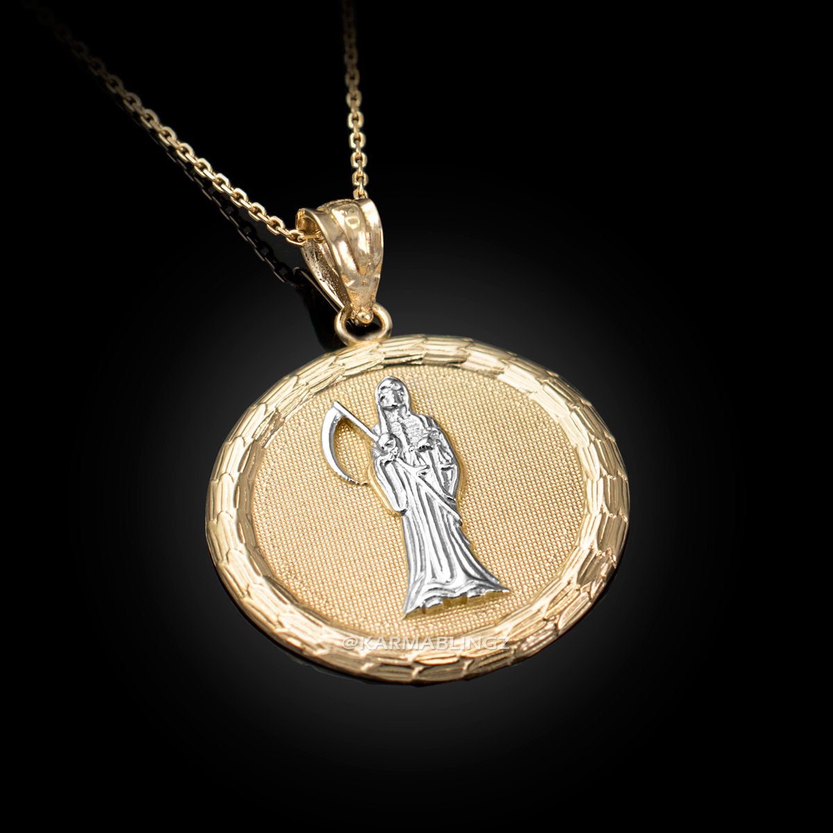 Gold Santa Muerte Medallion Pendant Necklace (yellow, white, rose gold, 2-tone, 10K, 14K) Karma Blingz