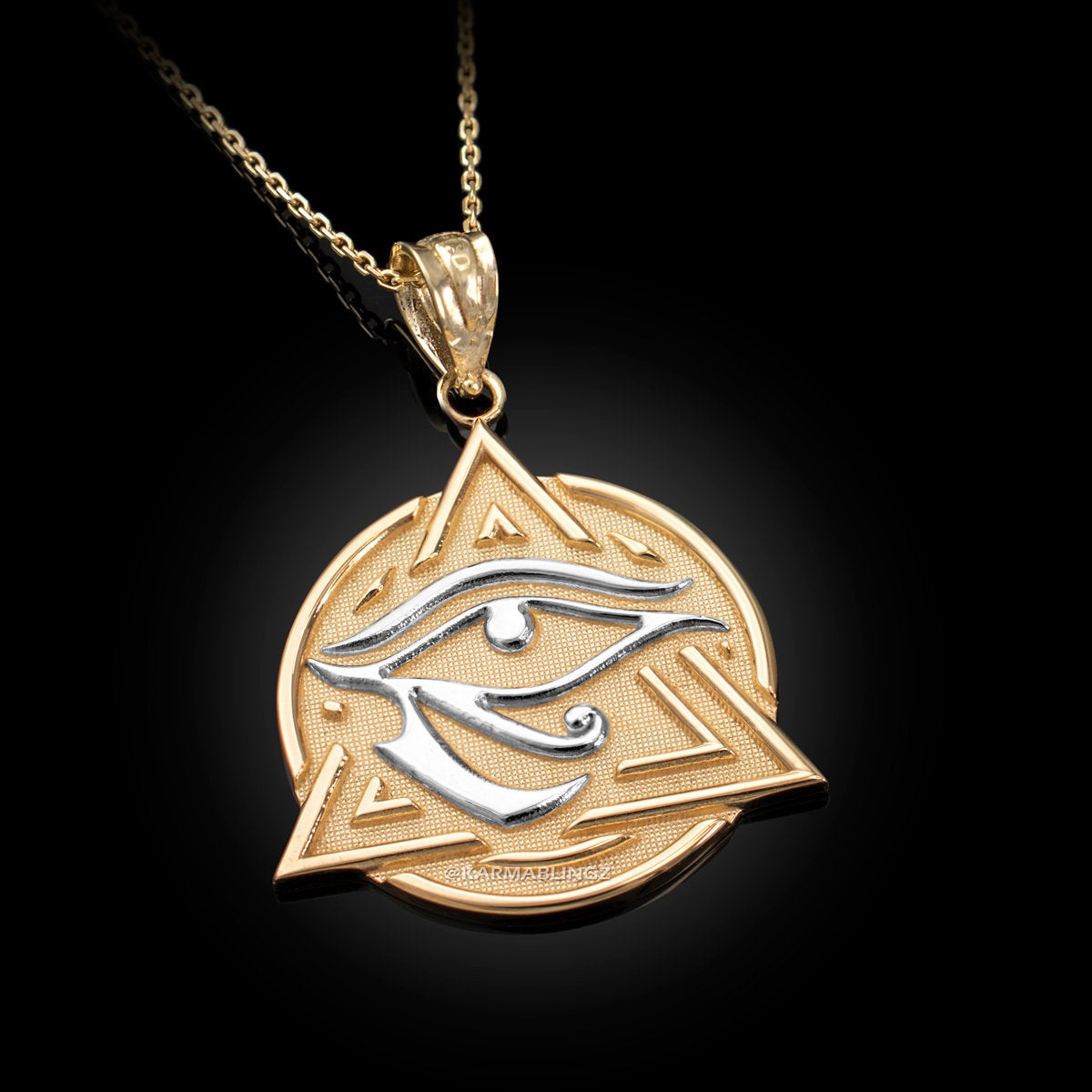 Gold Eye of Horus Illuminati Pendant Necklace (yellow, white, rose gold, 2-tone, 10K, 14K) Karma Blingz