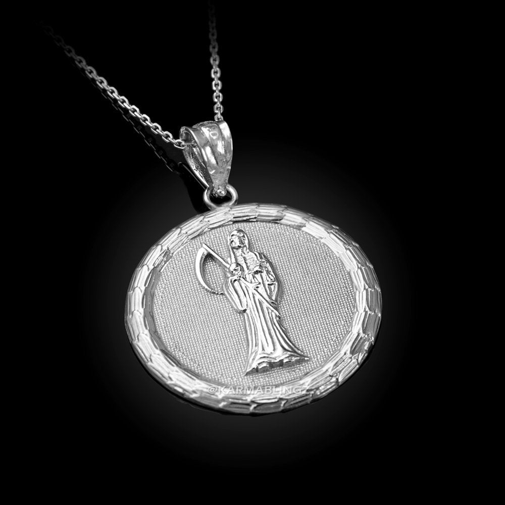 Gold Santa Muerte Medallion Pendant Necklace (yellow, white, rose gold, 2-tone, 10K, 14K) Karma Blingz