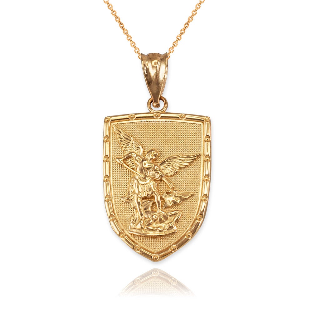 Gold St. Michael Shield Pendant Necklace (yellow, white, rose gold, 2-tone, 10K, 14K) Karma Blingz