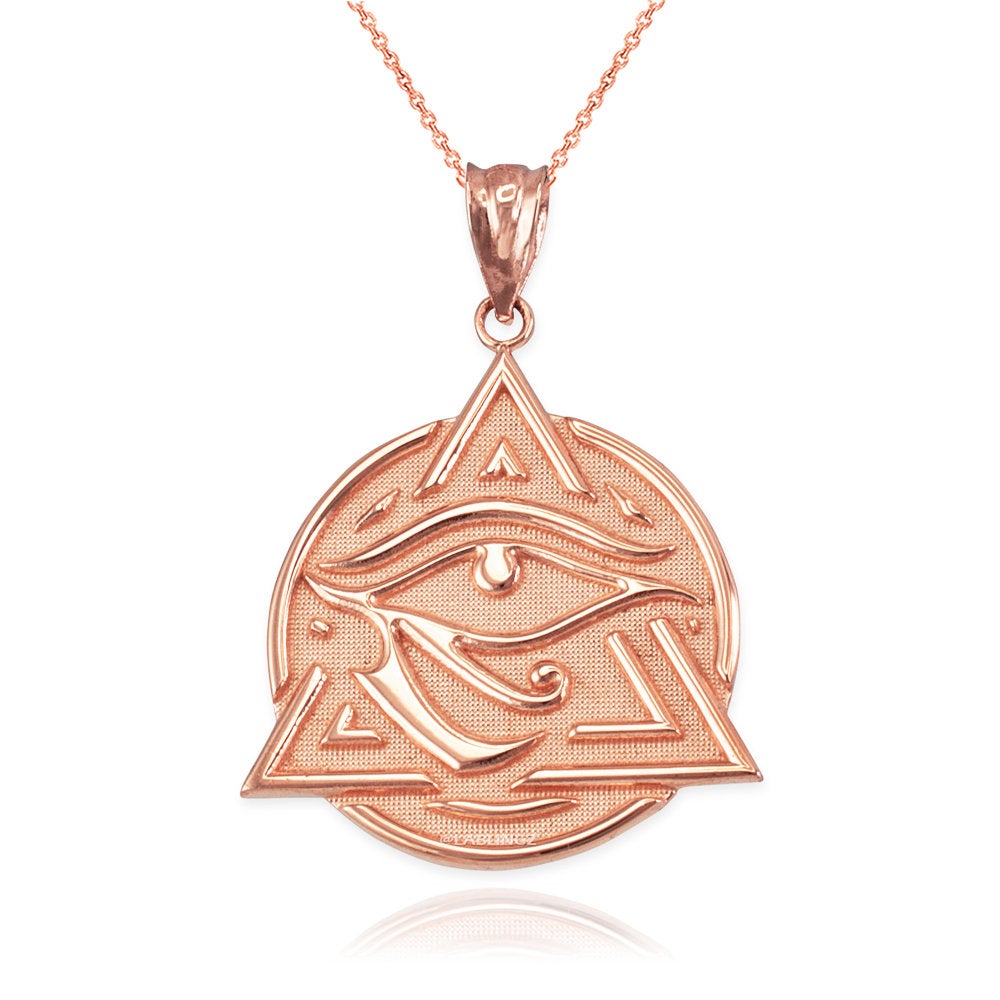 Gold Eye of Horus Illuminati Pendant Necklace (yellow, white, rose gold, 2-tone, 10K, 14K) Karma Blingz