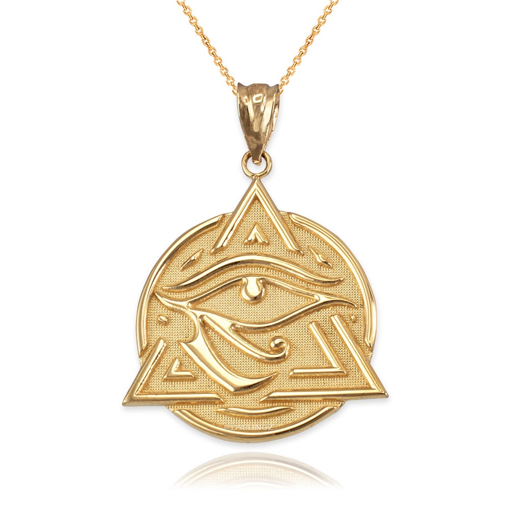 Gold Eye of Horus Illuminati Pendant Necklace (yellow, white, rose gold, 2-tone, 10K, 14K) Karma Blingz