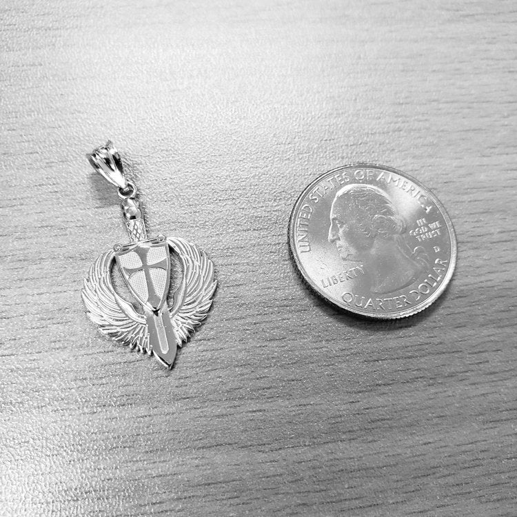 Sterling Silver Crusader Winged Sword and Shield Pendant Necklace Karma Blingz